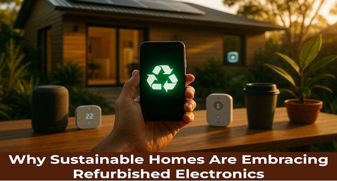 Modern Australian eco-friendly home with solar panels, a refurbished smartphone showing a recycling symbol, and smart devices on a wooden table.